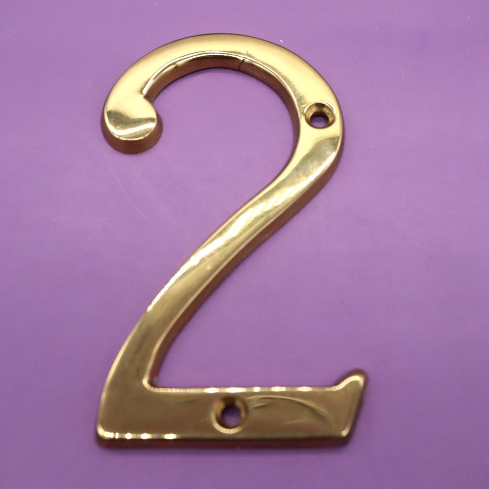 Number 2 Two Polished Brass 4" House Number w/Hardware Wall Mount Post Address